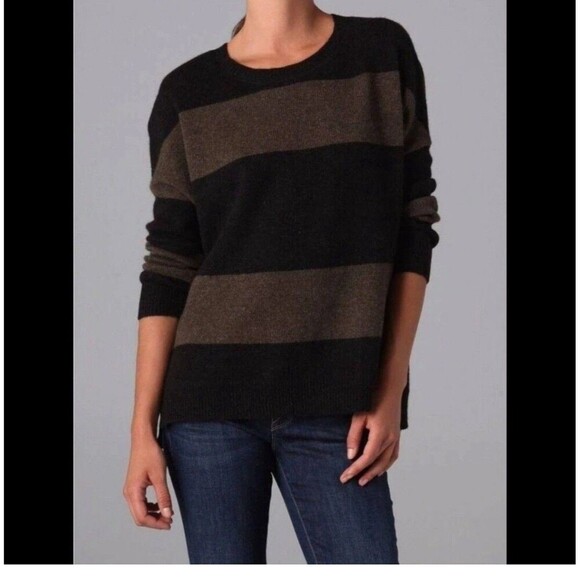 Vince Yak Wool Rugby Stripe Sweater Womens Small Gray Tan Relaxed Knit Top - Picture 2 of 10